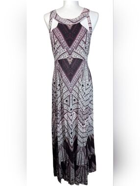 Free People Boho Maxi Dress Lace Up Back Burgundy You Made My Day Print Flowy